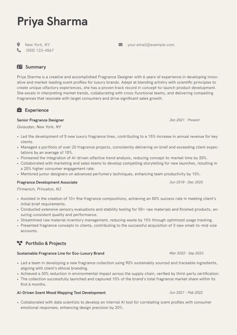 Fragrance Designer Resume Example CV template preview