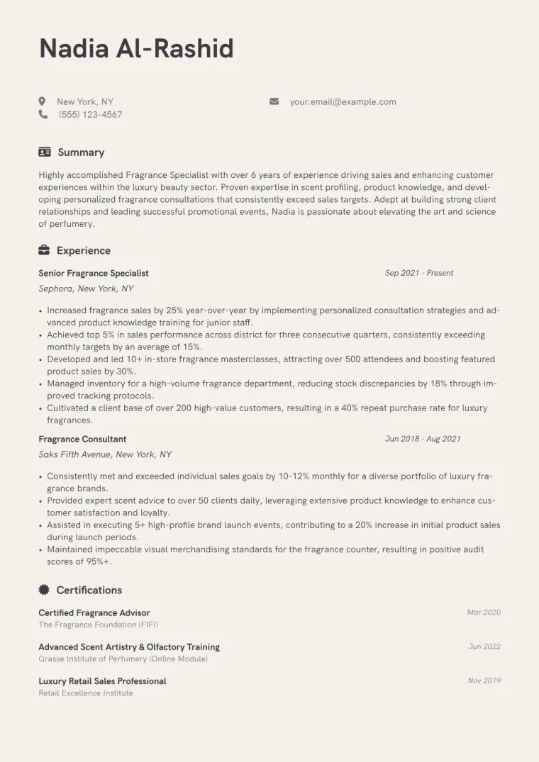 Fragrance Specialist Resume Example CV template preview