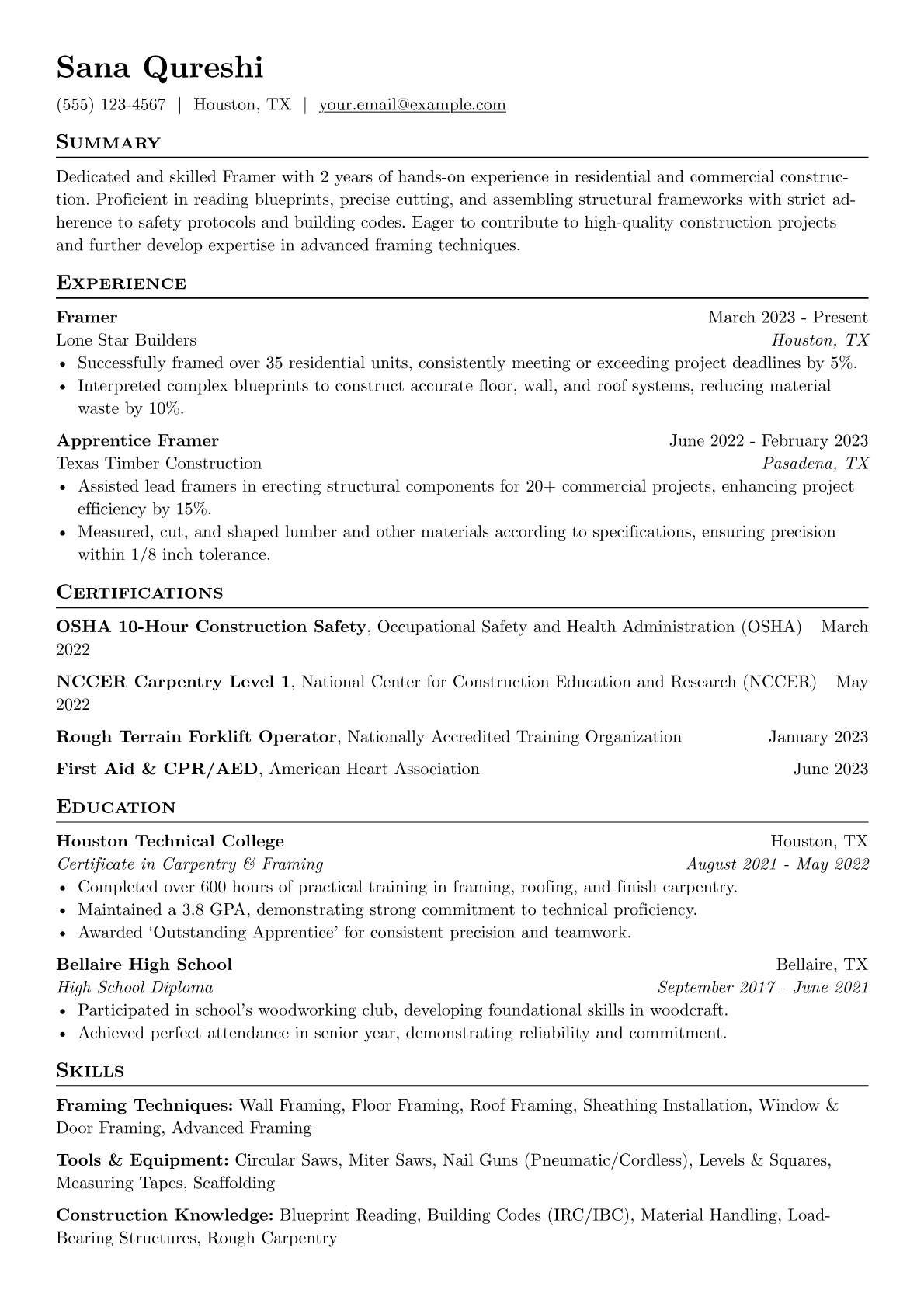 Framer Resume Example CV template - Page 1