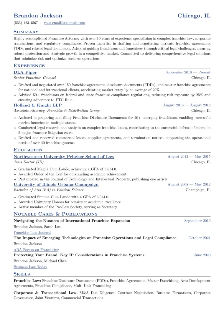 Franchise Attorney Resume Example CV template preview