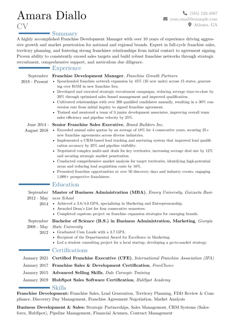 Franchise Development Manager Resume Example CV template preview