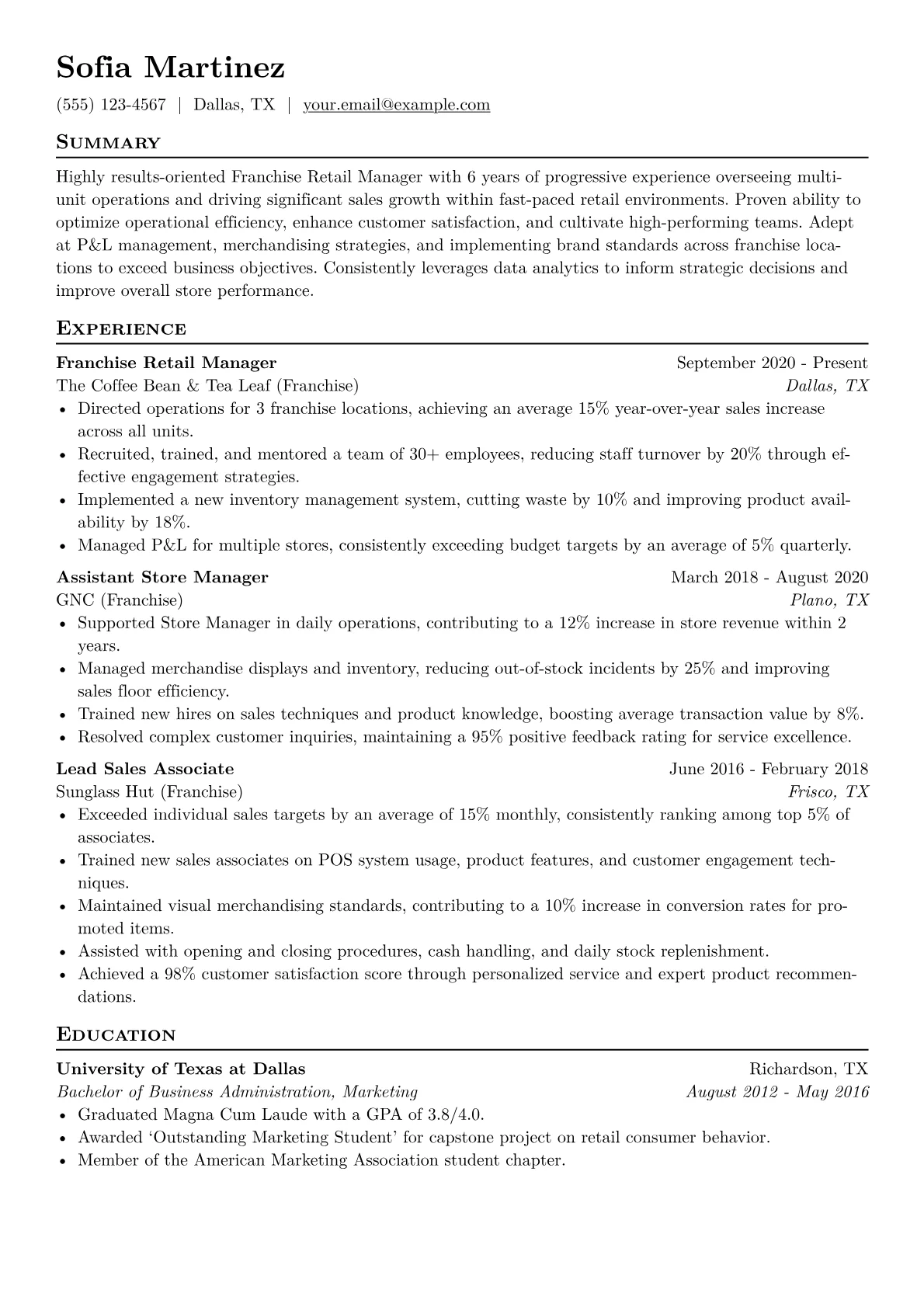 Franchise Retail Manager Resume Example CV template - Page 1