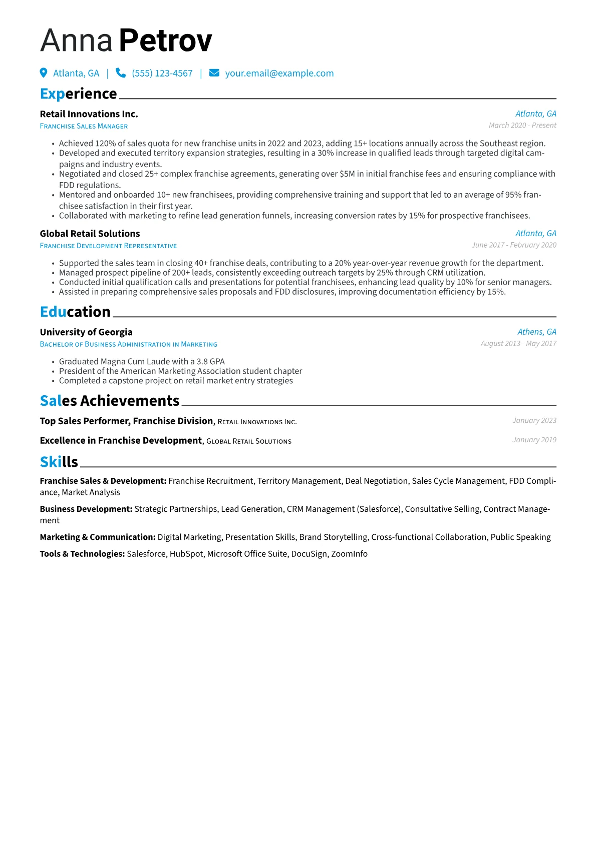 Franchise Sales Manager Resume Example CV template - Page 1