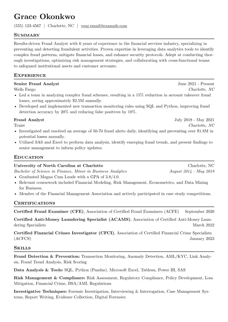 Fraud Analyst Resume Example CV template preview