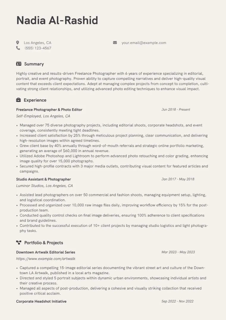 Freelance Photographer Resume Example CV template preview