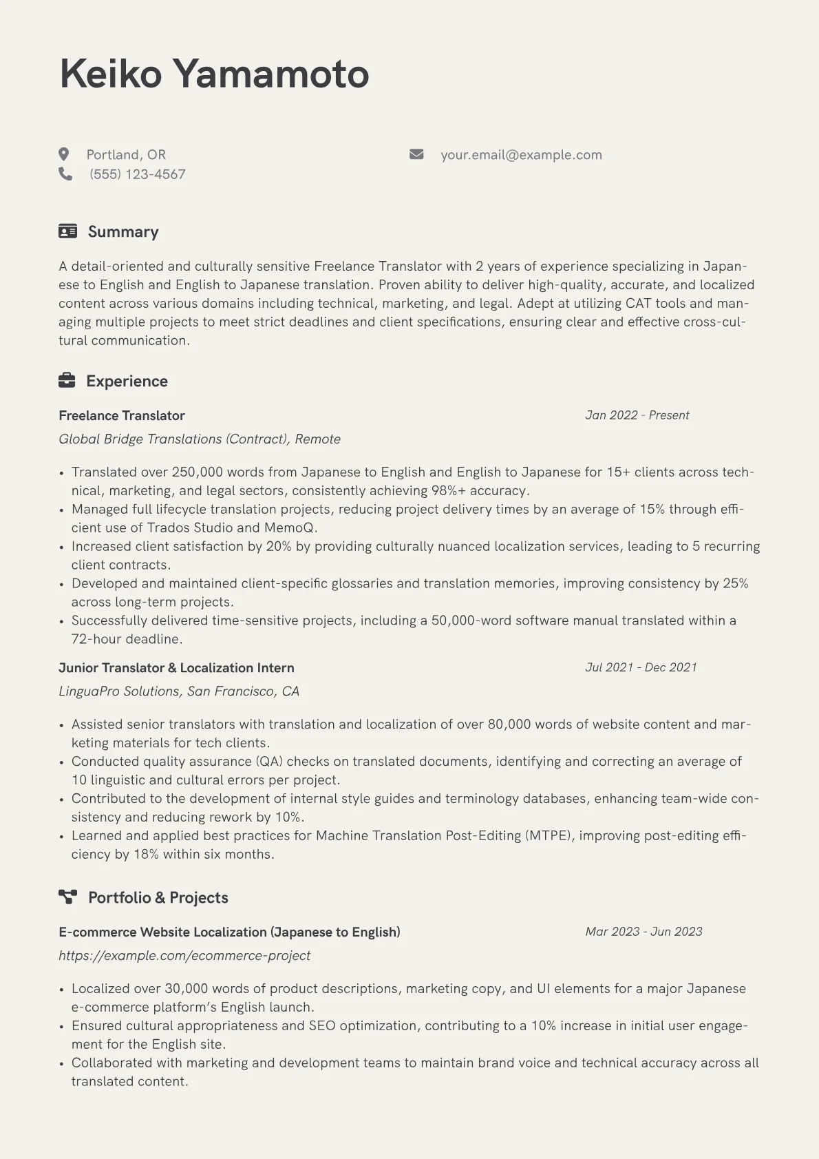 Freelance Translator Resume Example CV template - Page 1