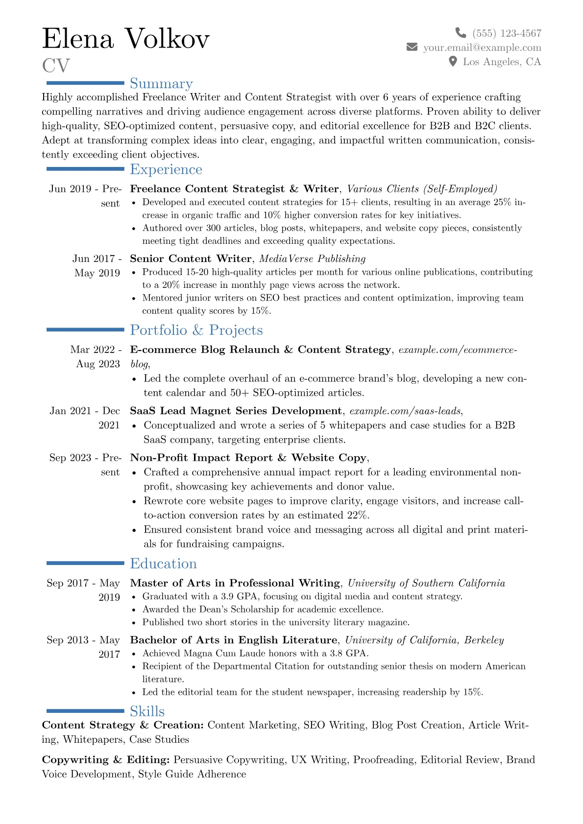 Freelance Writer Resume Example CV template - Page 1