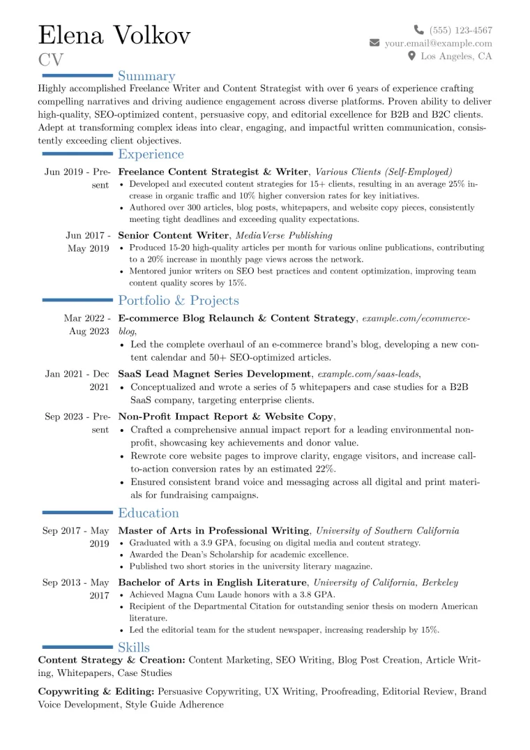 Freelance Writer Resume Example CV template preview