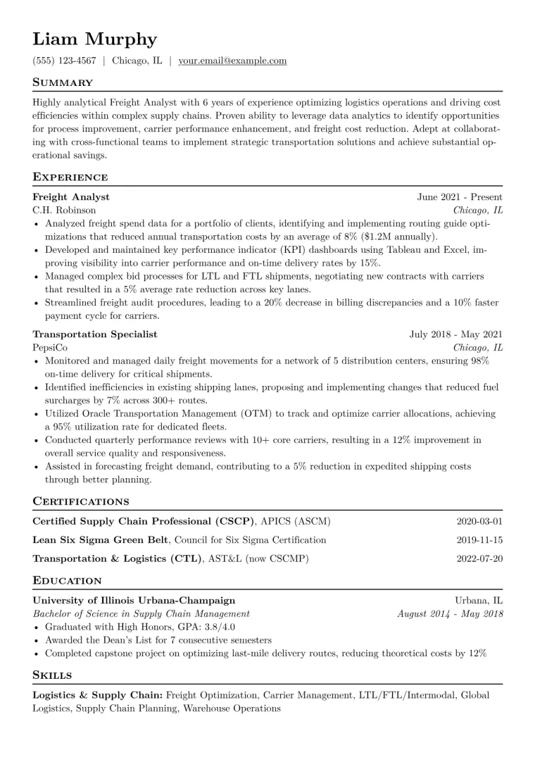 Freight Analyst Resume Example CV template preview