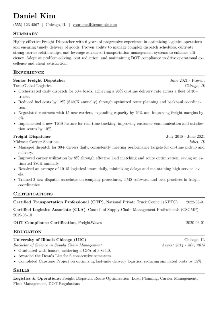 Freight Dispatcher Resume Example CV template preview
