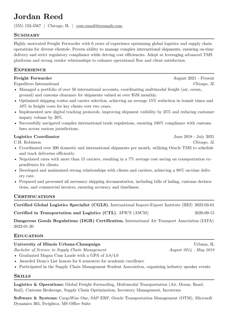 Freight Forwarder Resume Example CV template preview