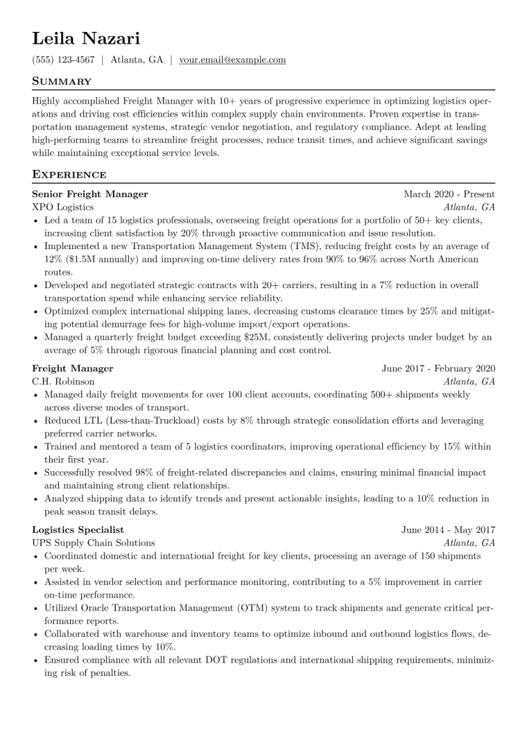 Freight Manager Resume Example CV template preview