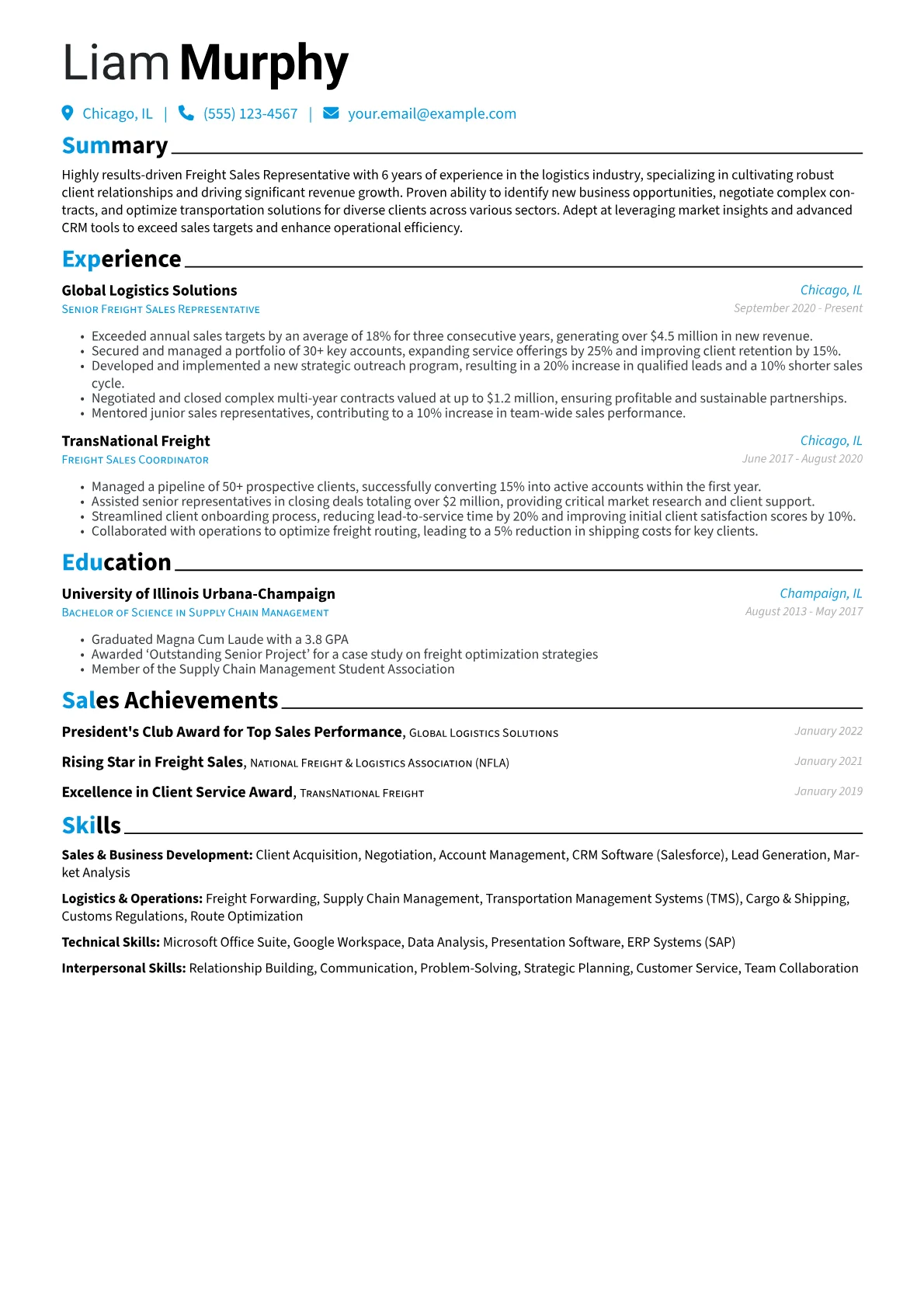 Freight Sales Representative Resume Example CV template - Page 1