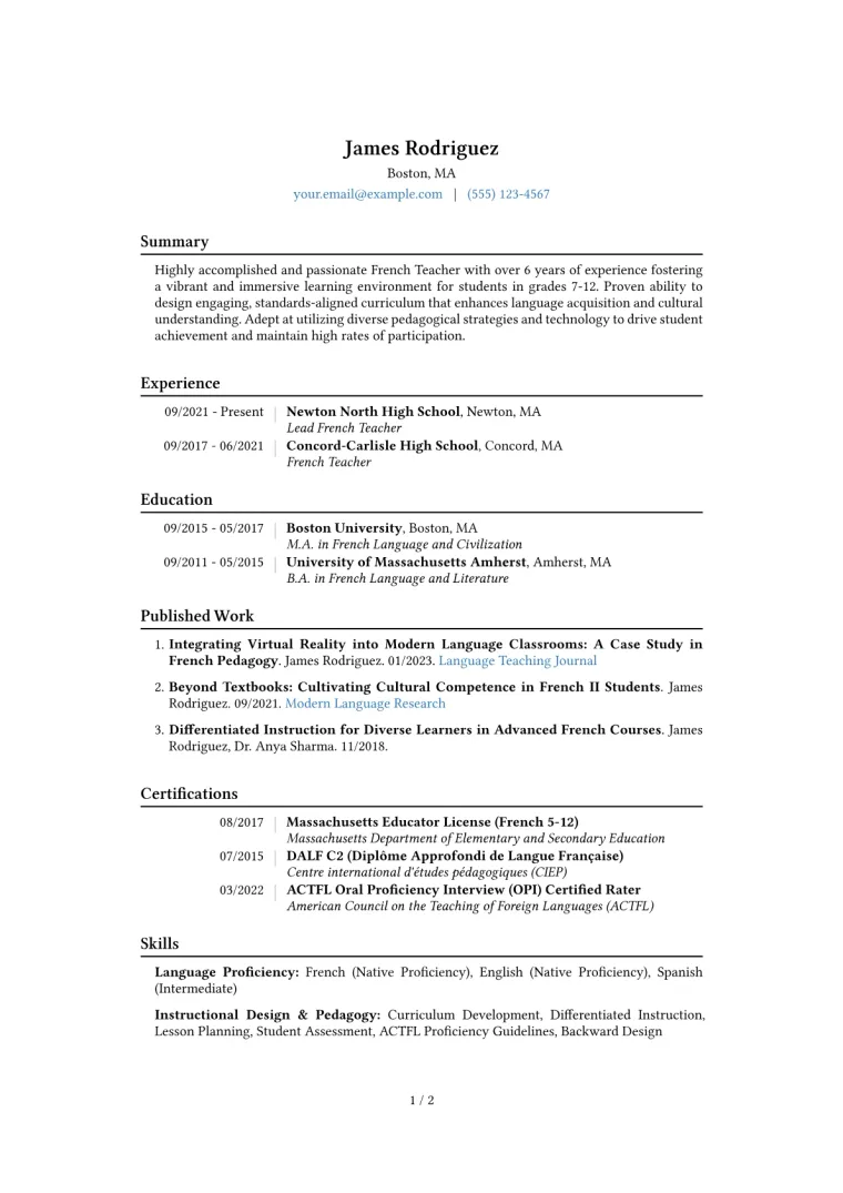 French Teacher Resume Example