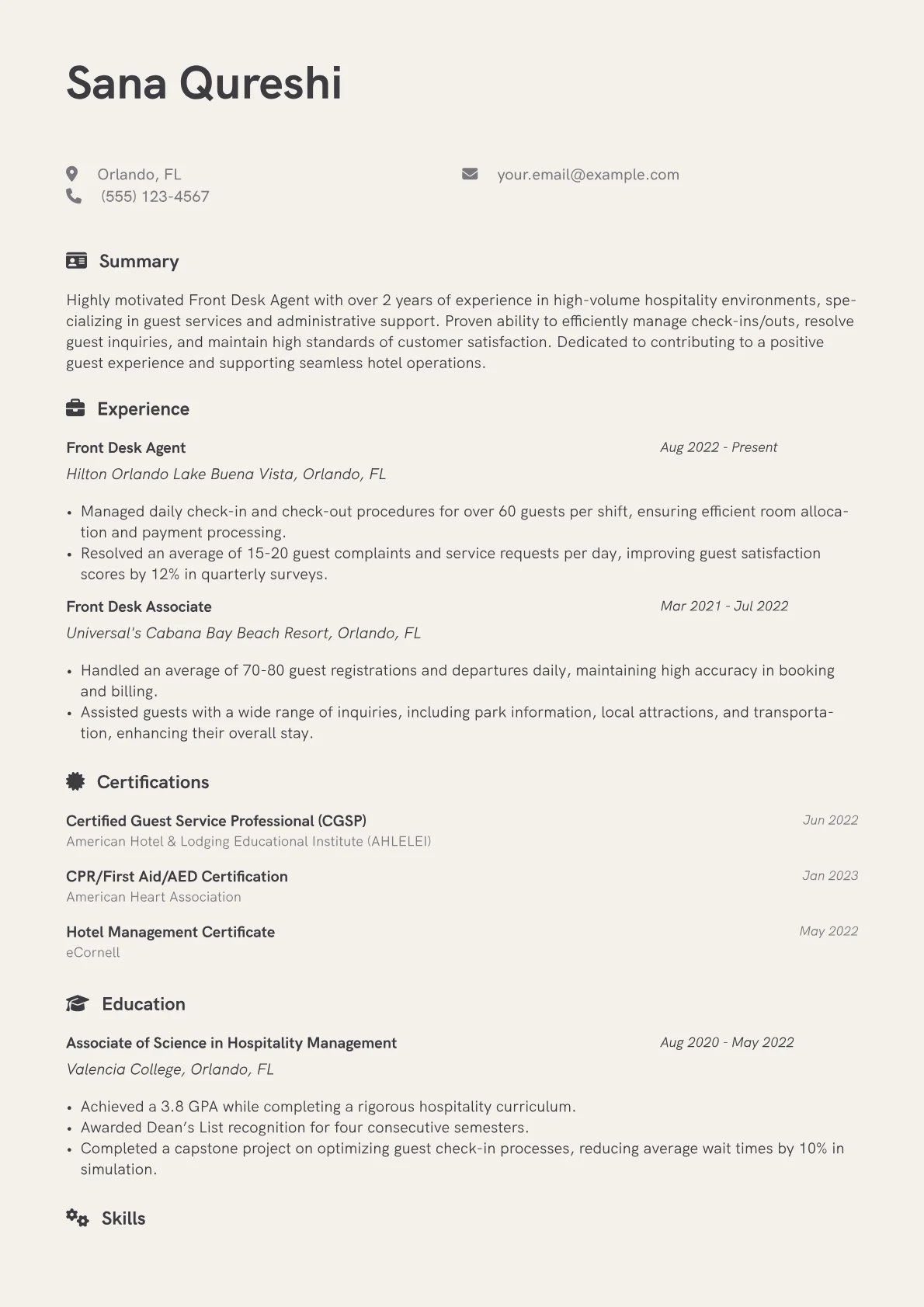 Front Desk Agent Resume Example CV template - Page 1