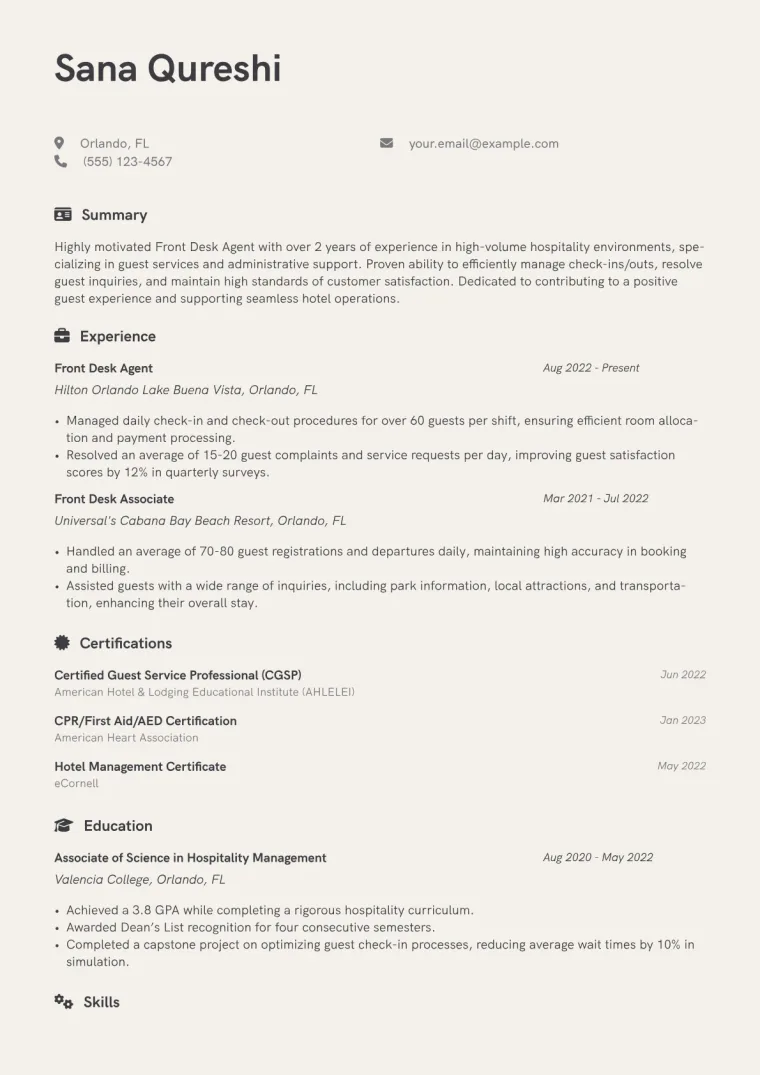 Front Desk Agent Resume Example CV template preview