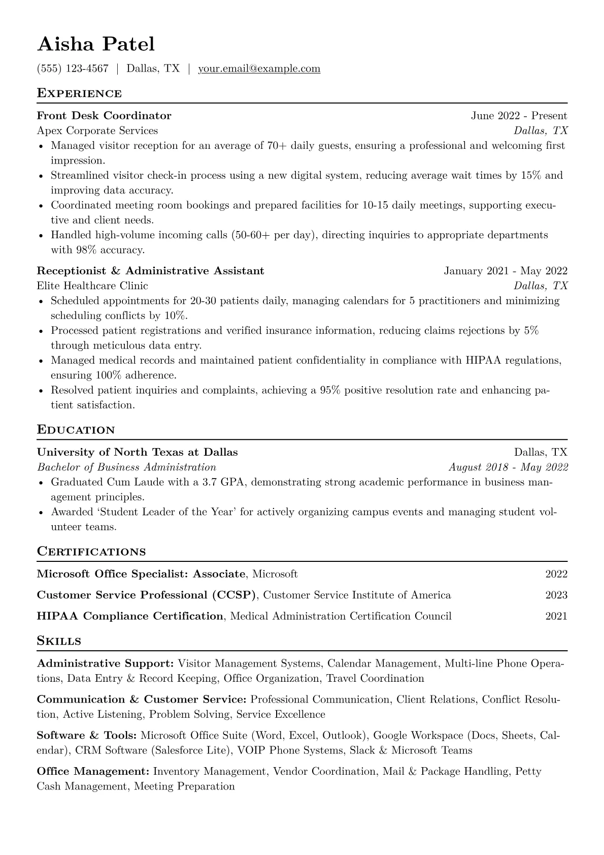 Front Desk Coordinator Resume Example CV template - Page 1