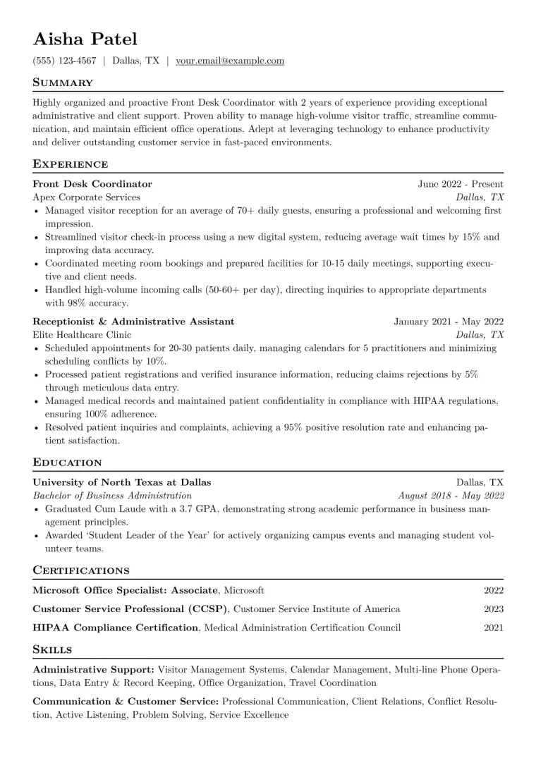 Front Desk Coordinator Resume Example CV template preview