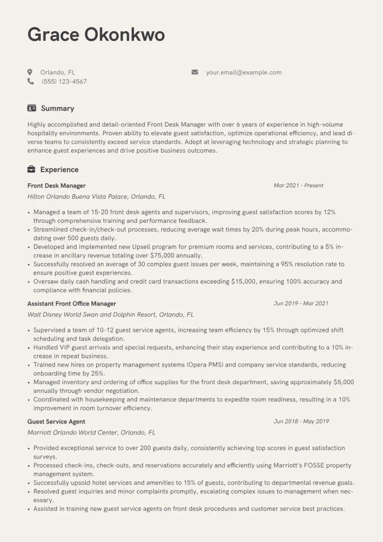 Front Desk Manager Resume Example CV template preview