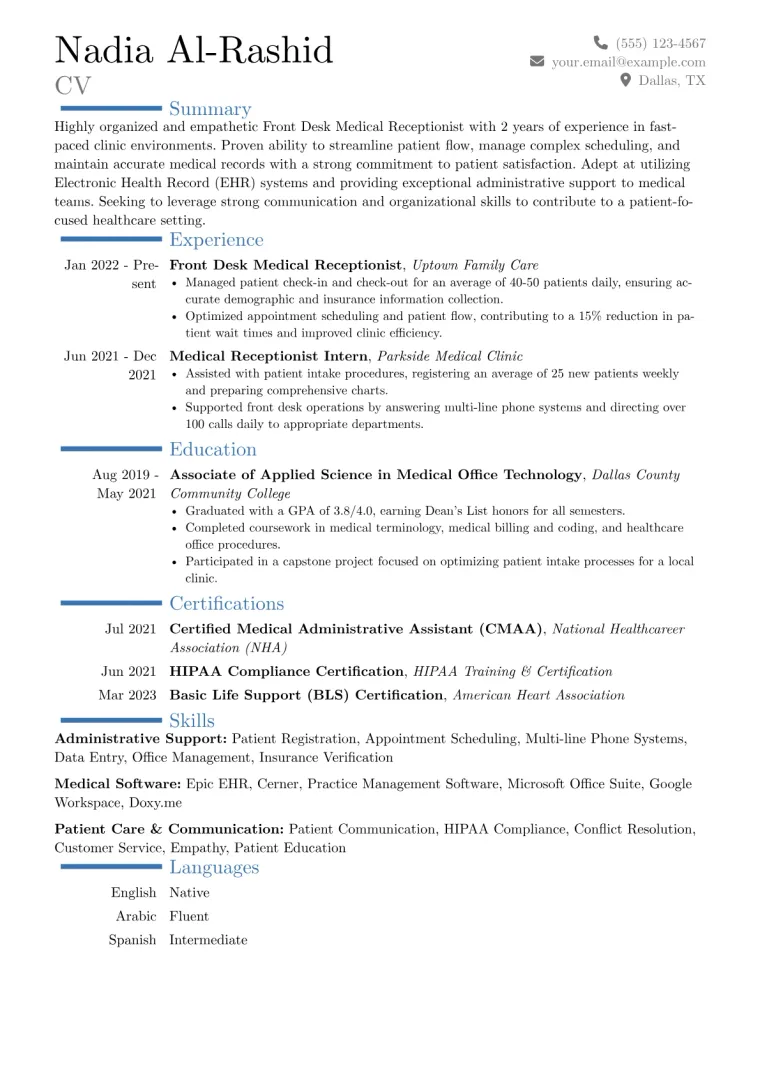 Front Desk Medical Receptionist Resume Example CV template preview