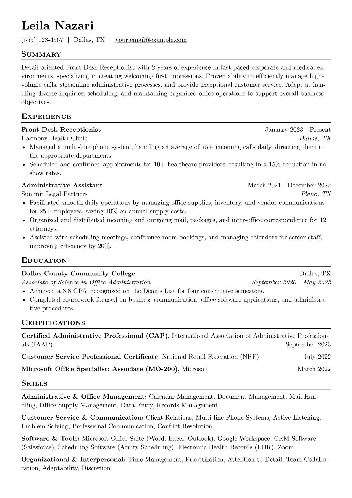 Front Desk Receptionist Resume Example CV template - Page 1