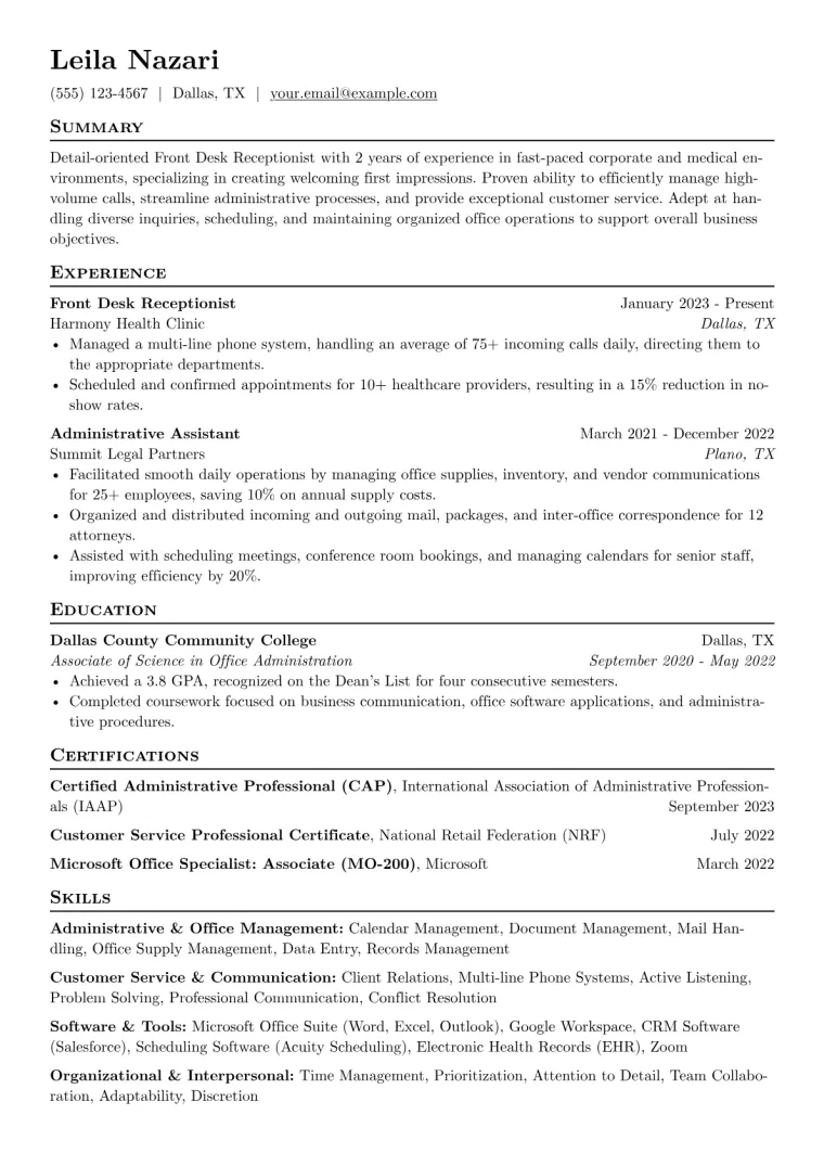 Front Desk Receptionist Resume Example