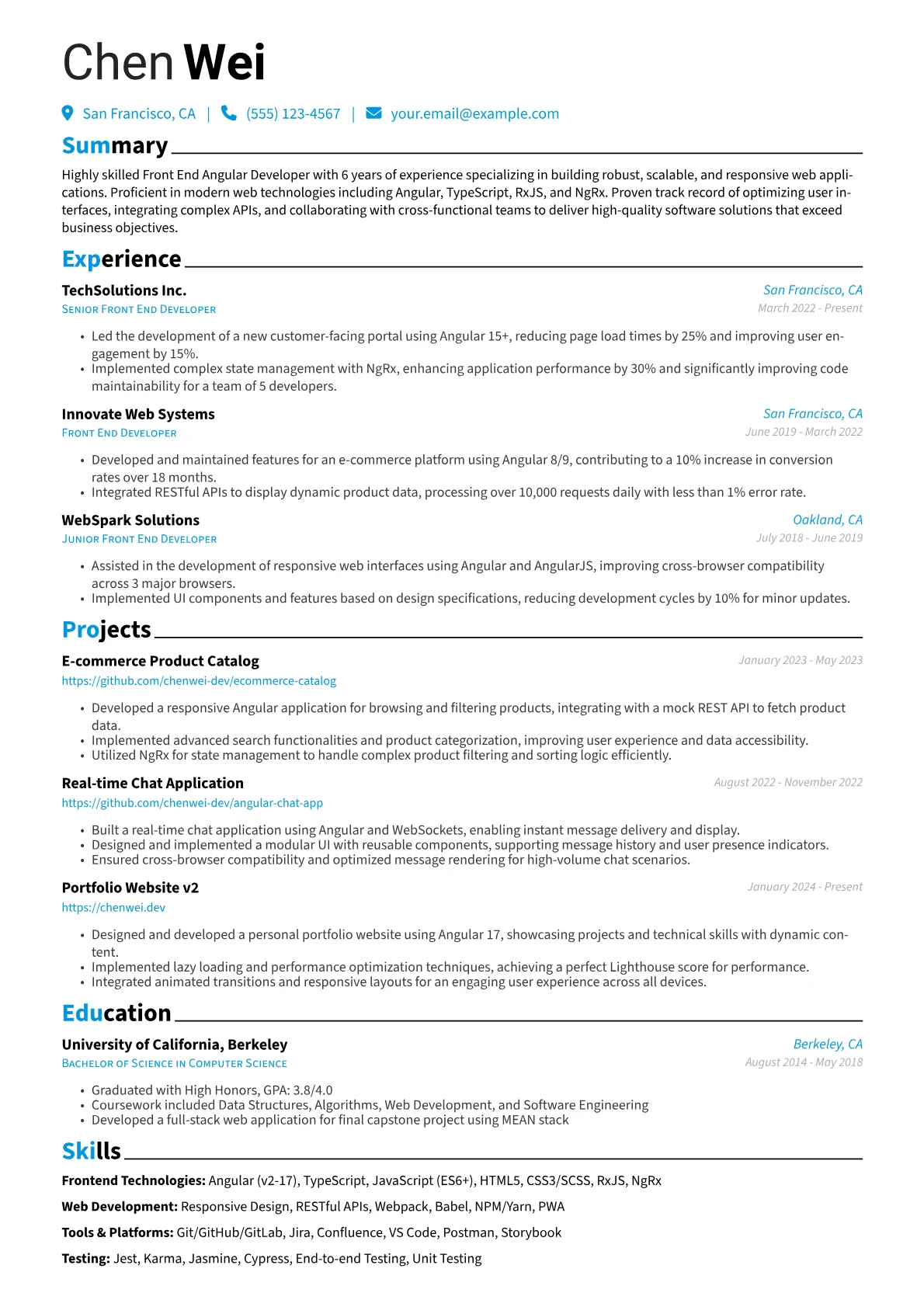 Front End Angular Developer Resume Example CV template - Page 1