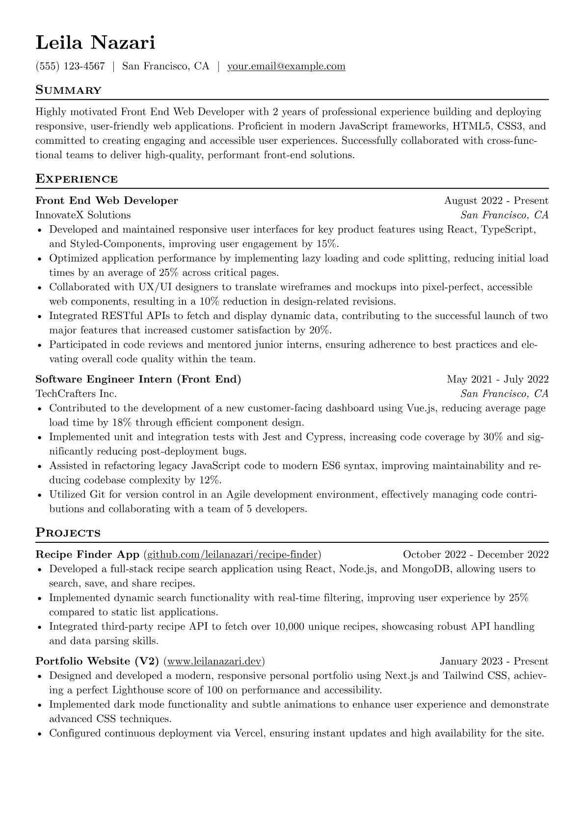 Front End Web Developer Resume Example CV template - Page 1