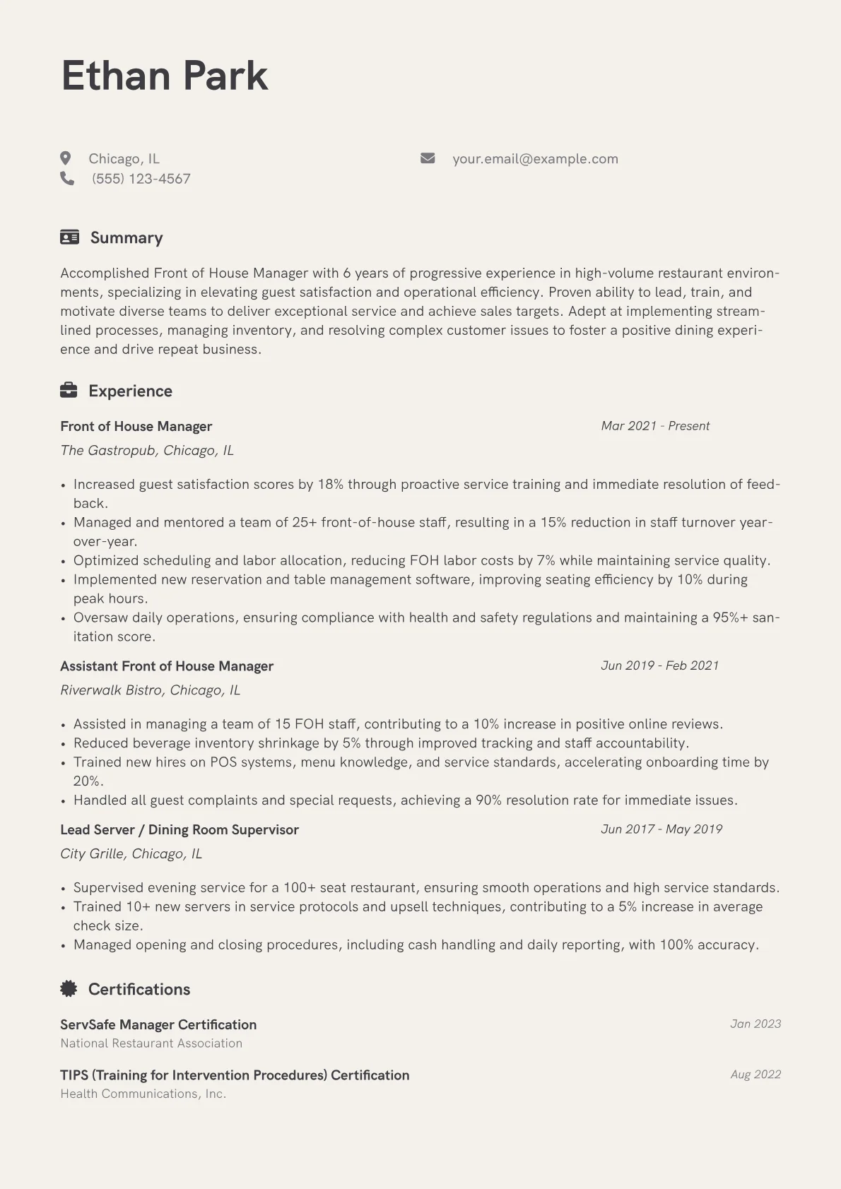 Front of House Manager Resume Example CV template - Page 1