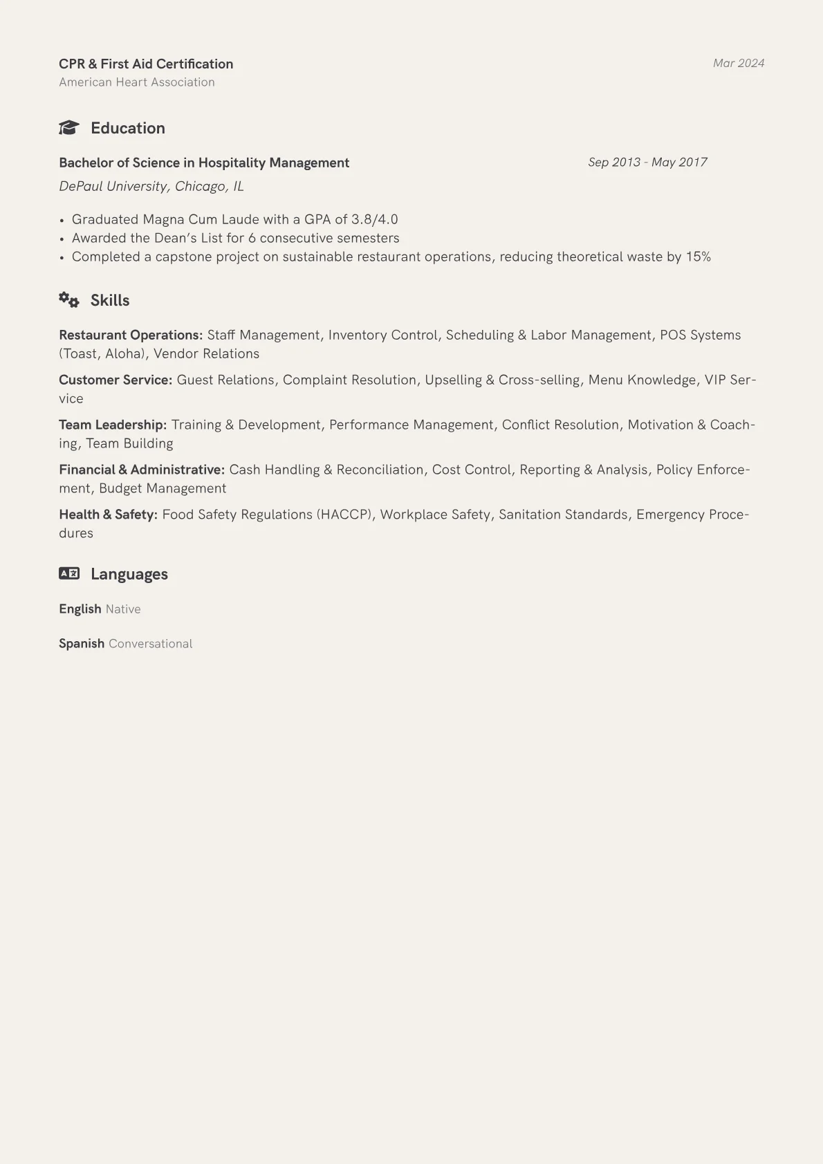Front of House Manager Resume Example CV template - Page 2