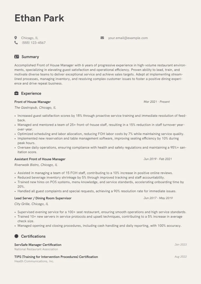Front of House Manager Resume Example CV template preview