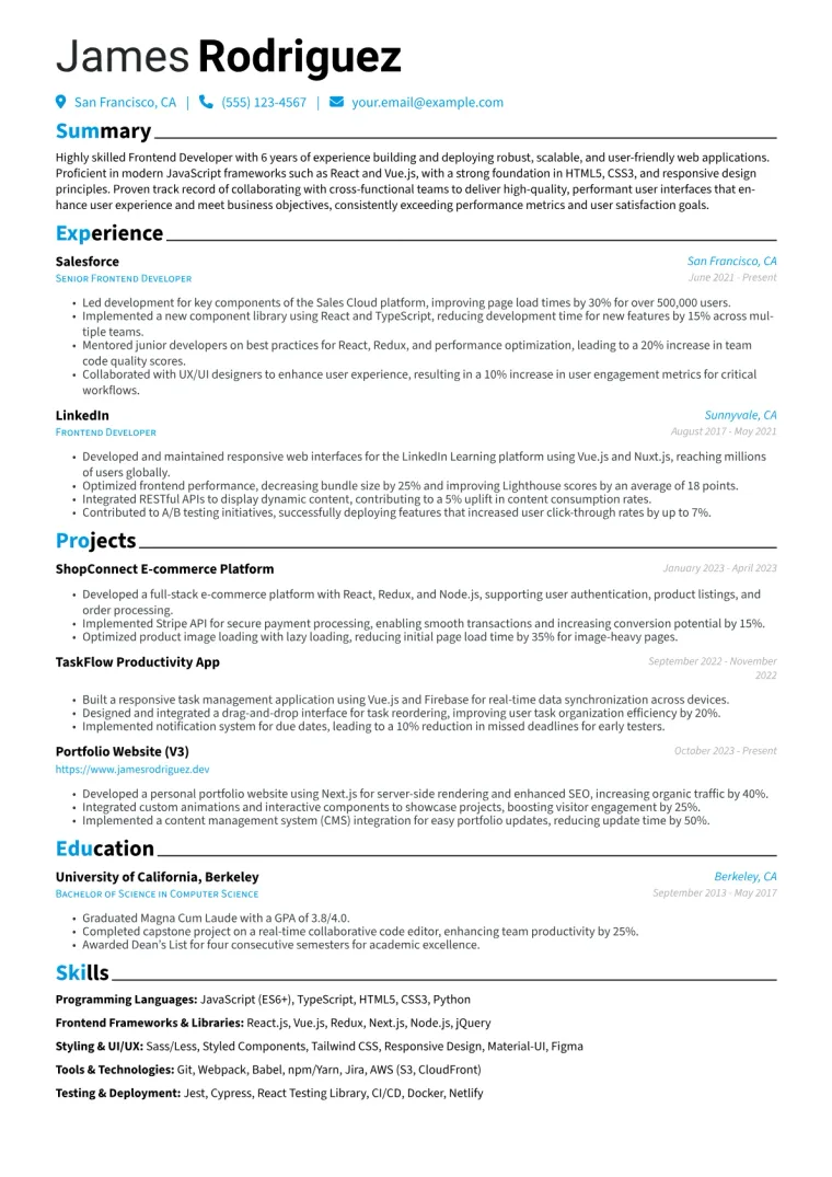 Frontend Developer Resume Example CV template preview