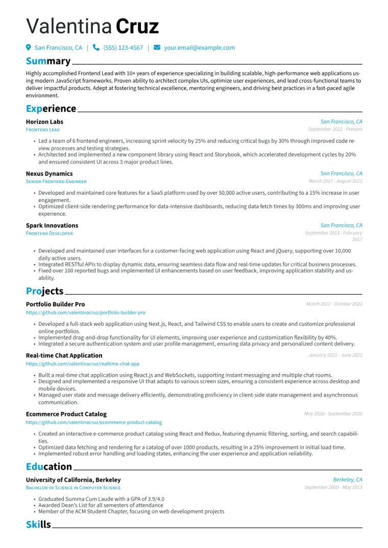 Frontend Lead Resume Example CV template preview