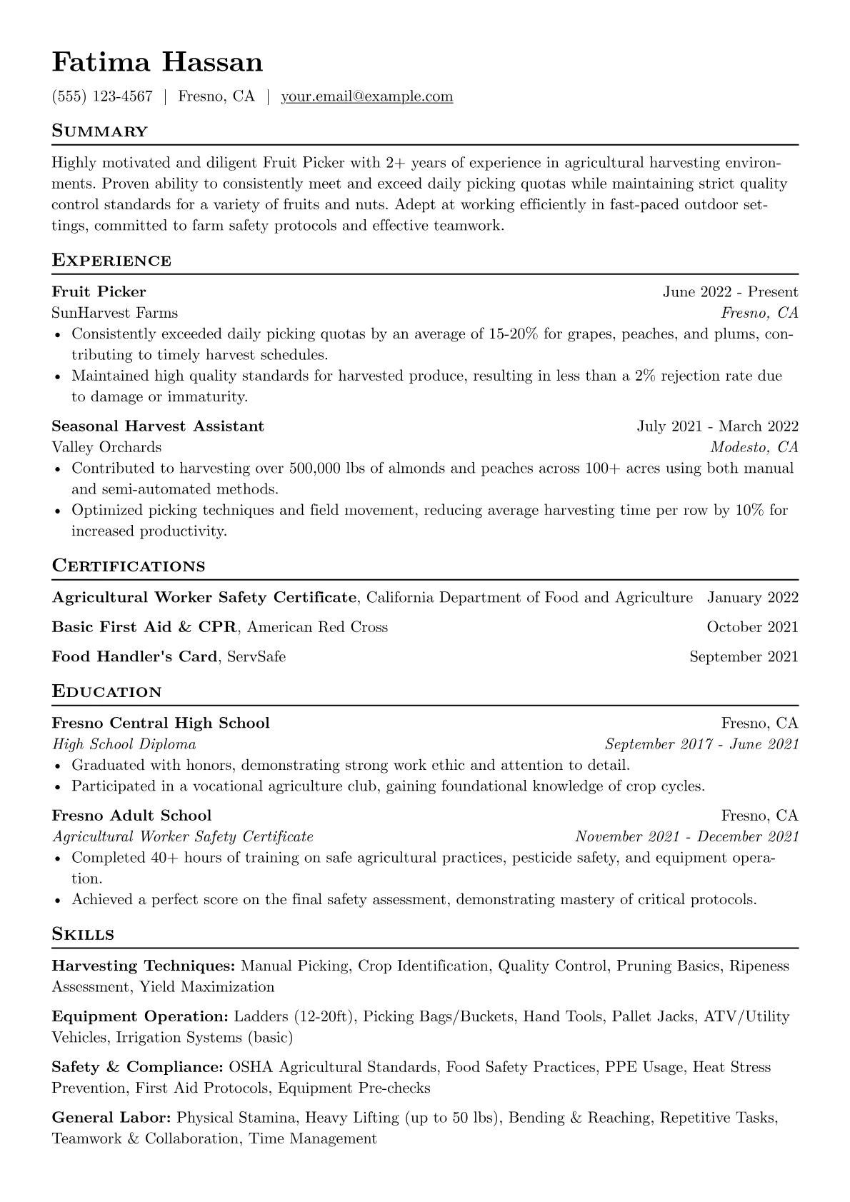 Fruit Picker Resume Example CV template - Page 1