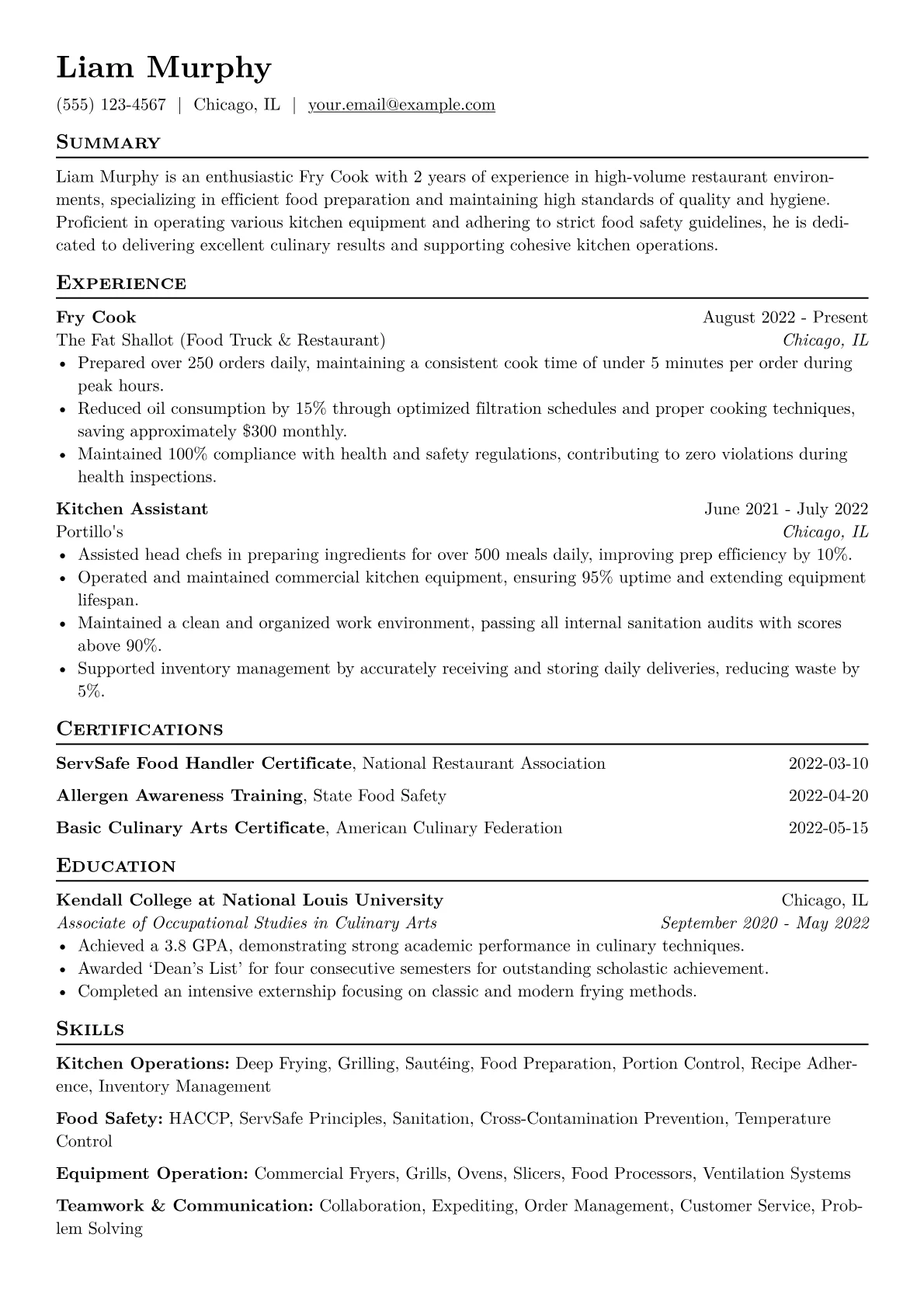 Fry Cook Resume Example CV template - Page 1