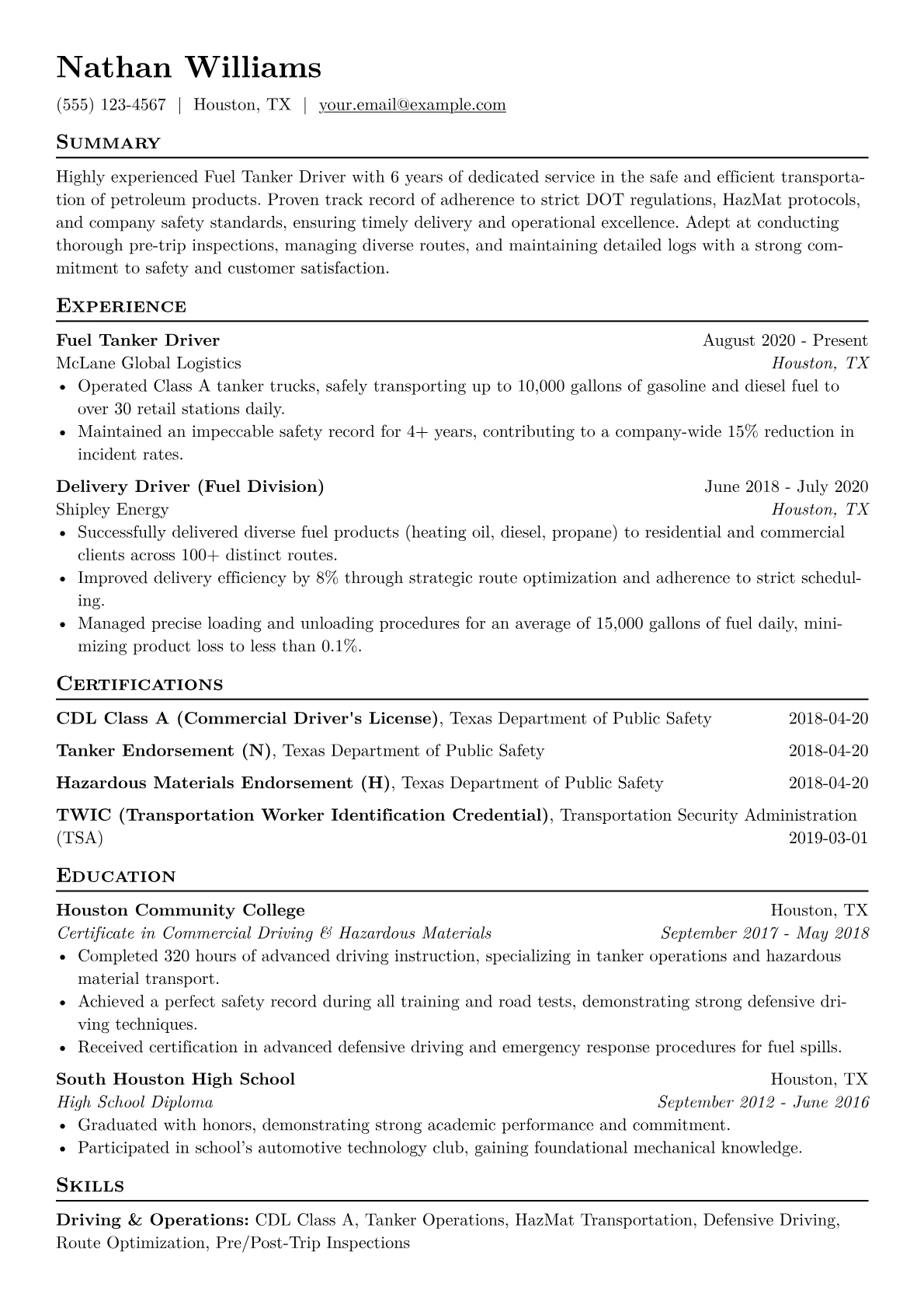 Fuel Tanker Driver Resume Example CV template - Page 1