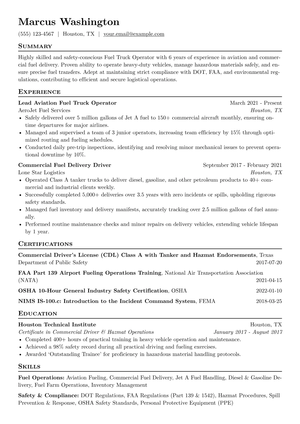 Fuel Truck Operator Resume Example CV template - Page 1