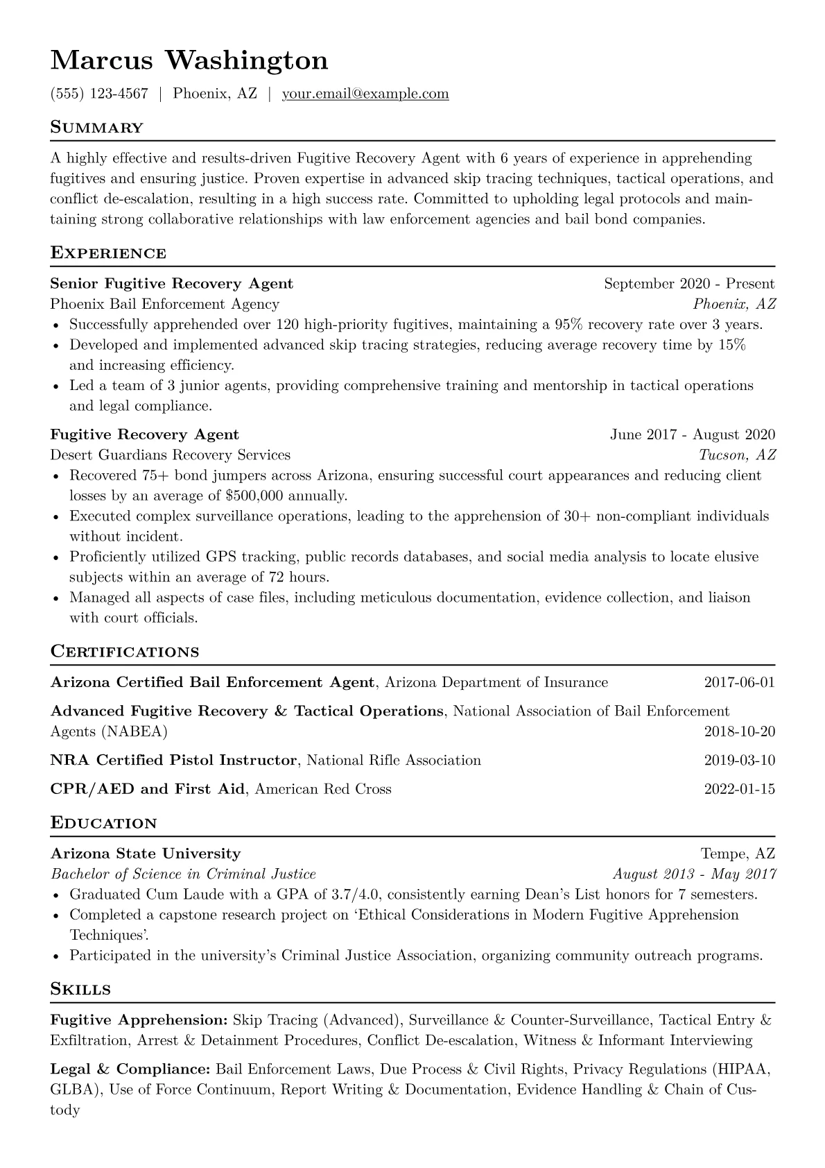 Fugitive Recovery Agent Resume Example CV template - Page 1