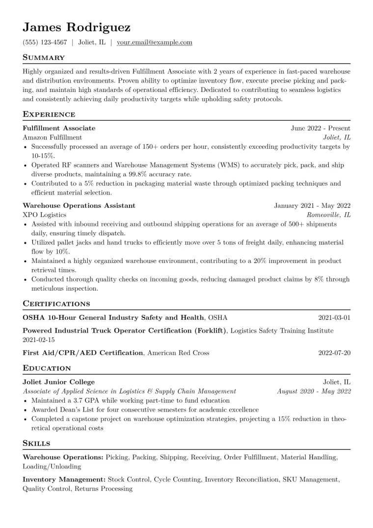 Fulfillment Associate Resume Example CV template preview