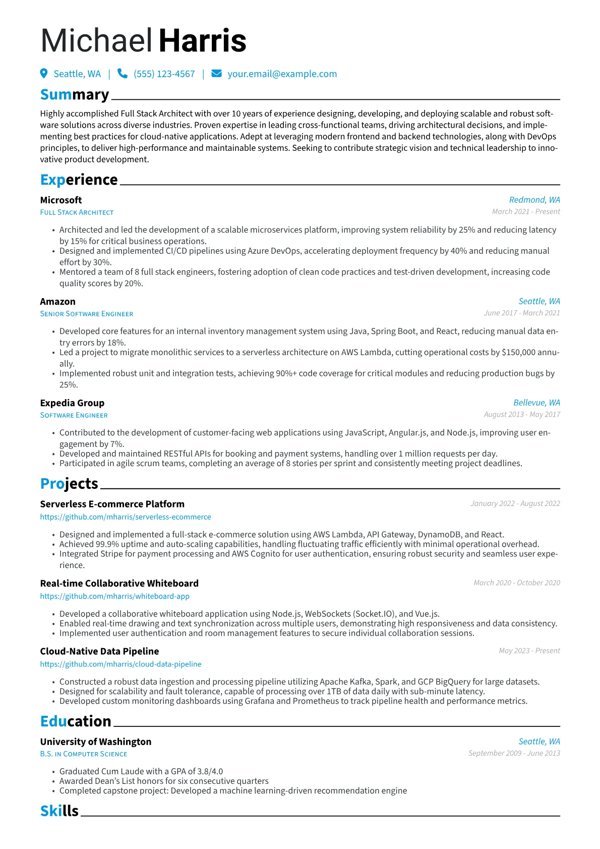 Full Stack Architect Resume Example CV template - Page 1