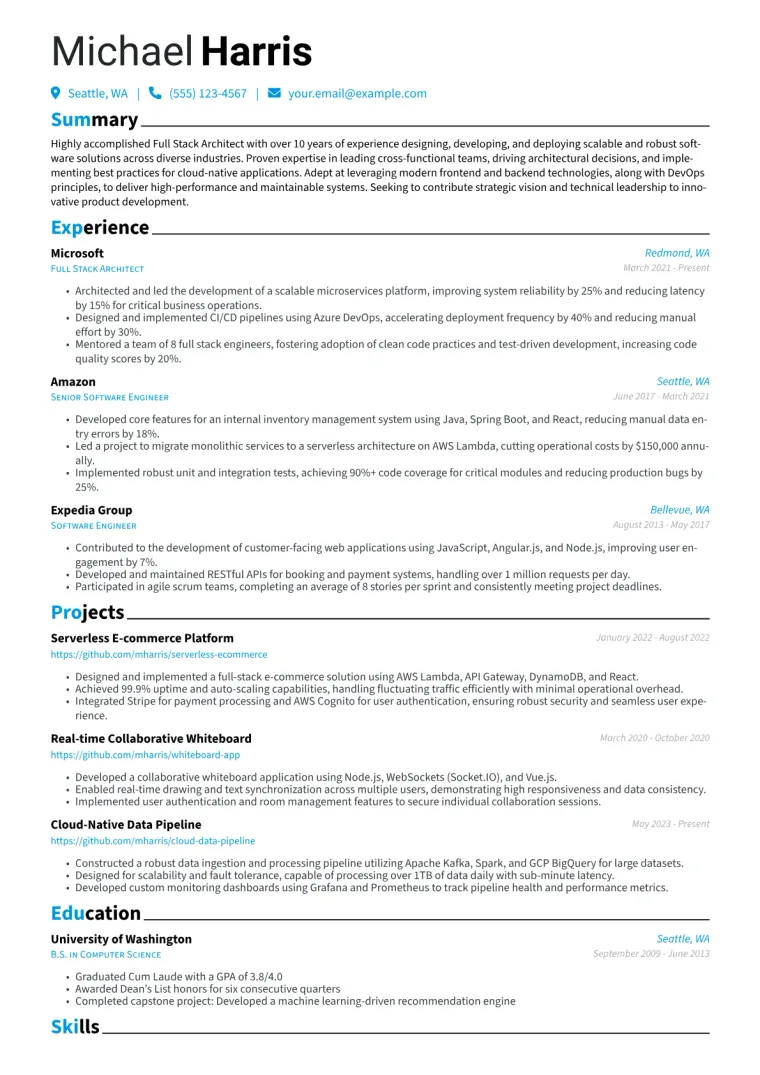 Full Stack Architect Resume Example CV template preview