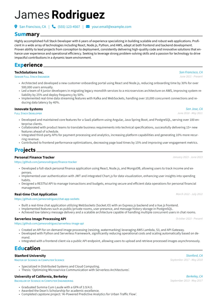 Full Stack Developer Resume Example CV template preview