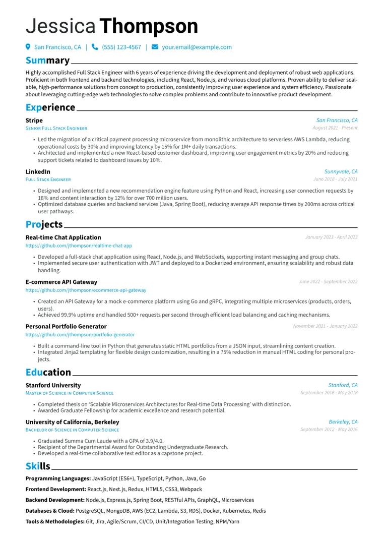 Full Stack Engineer Resume Example CV template preview