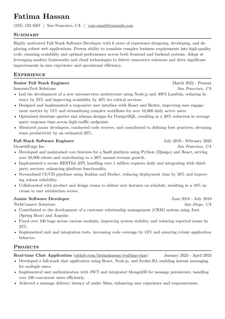 Full Stack Software Developer Resume Example CV template preview