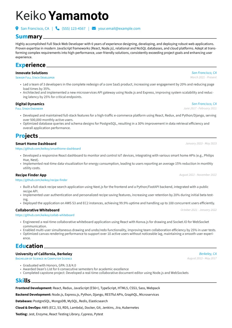 Full Stack Web Developer Resume Example CV template preview