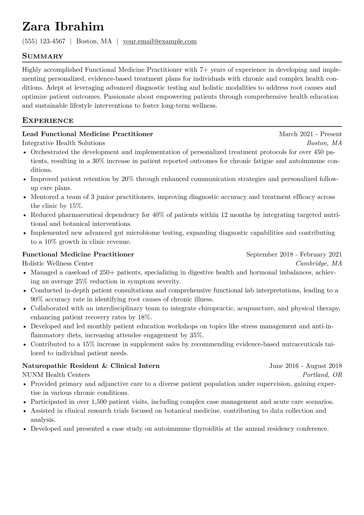 Functional Medicine Practitioner Resume Example CV template - Page 1