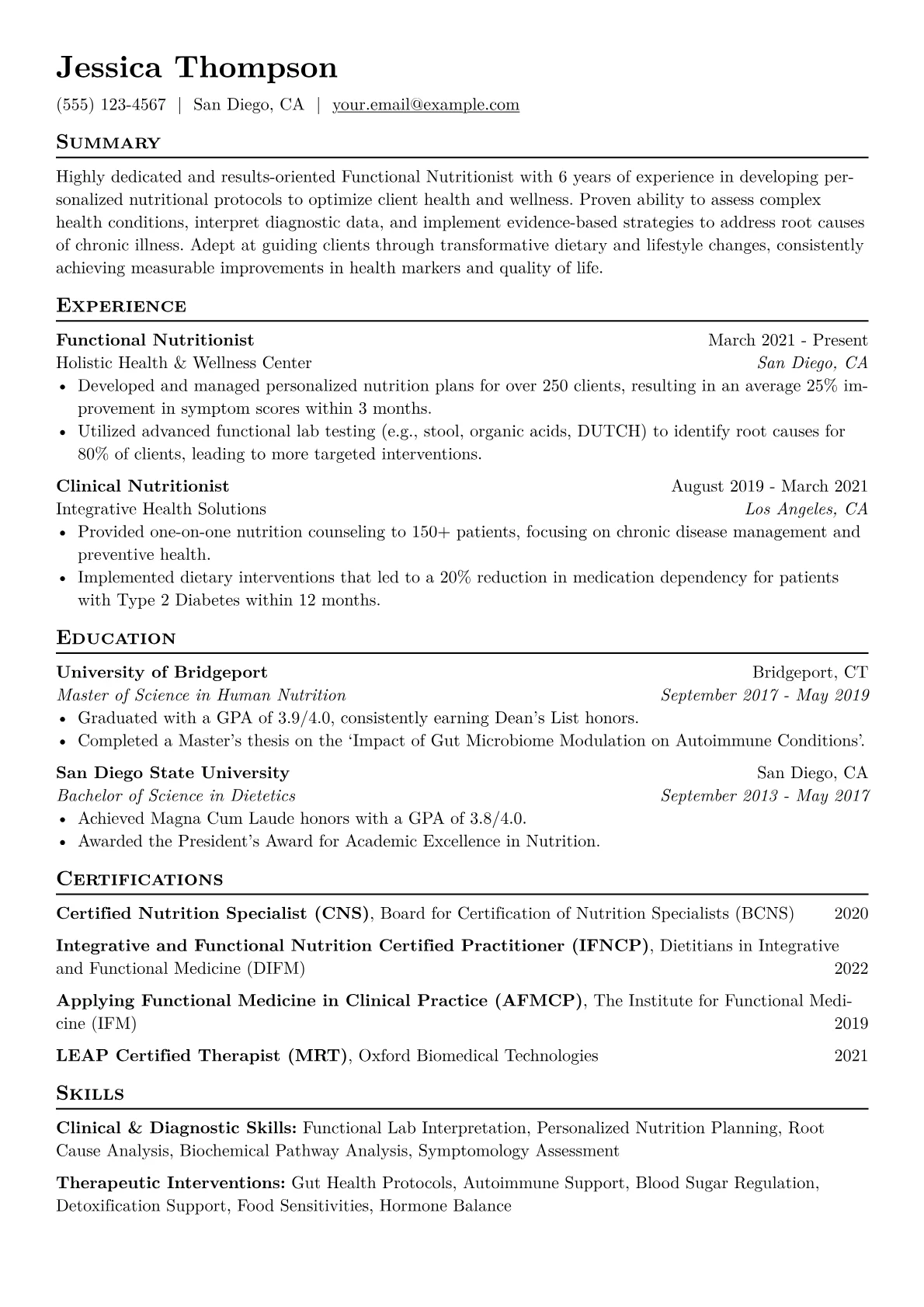 Functional Nutritionist Resume Example CV template - Page 1