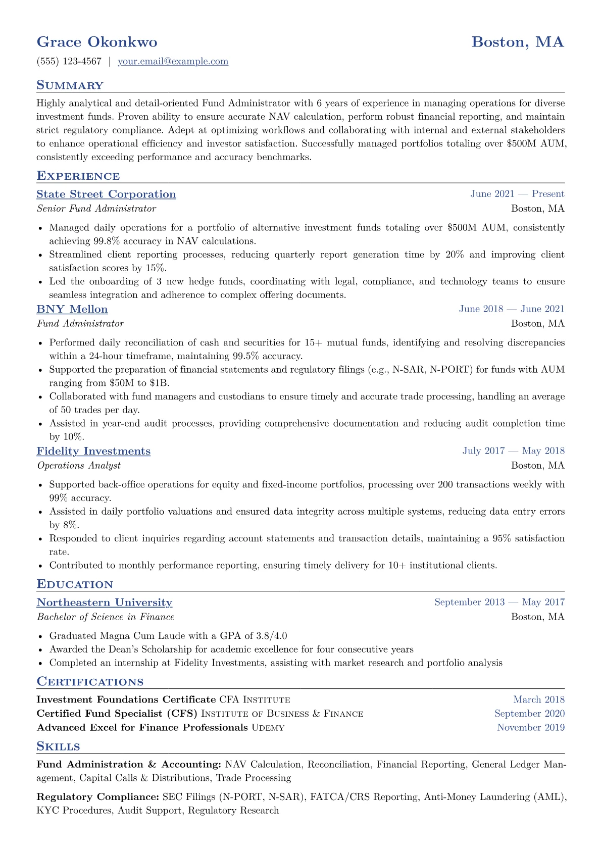 Fund Administrator Resume Example CV template - Page 1