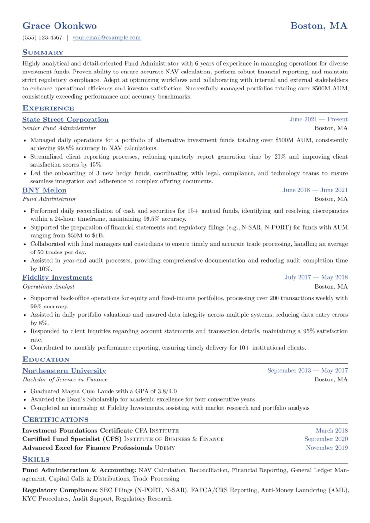 Fund Administrator Resume Example CV template preview