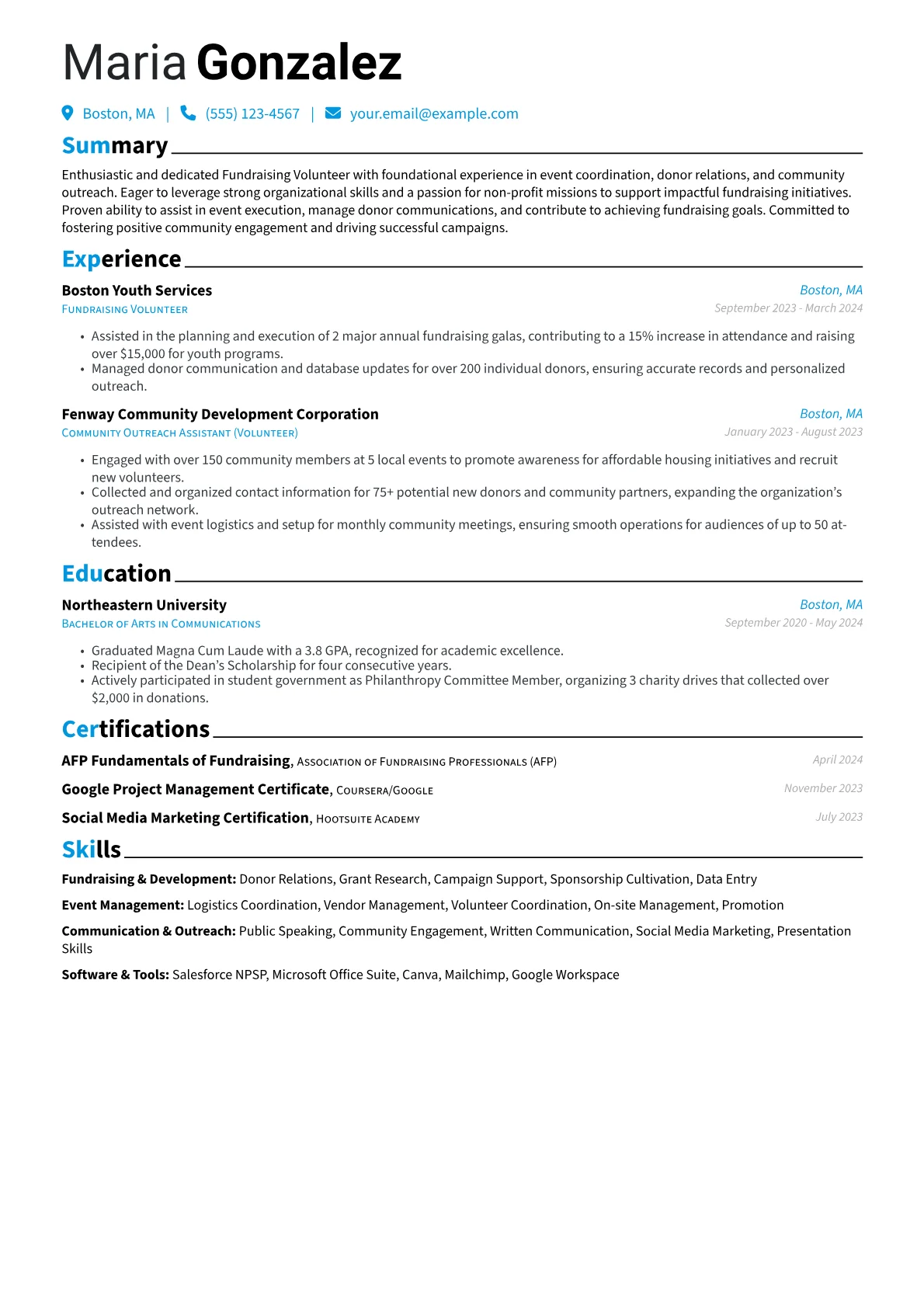 Fundraising Volunteer Resume Example CV template - Page 1